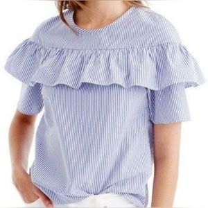 J. Crew Edie Cotton Blue White Pin Stripe Print Pattern Ruffle Blouse Shirt Top